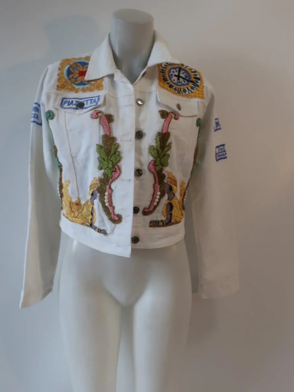 NWT Womens Antica Sartoria By Giacomo Cinque Wht Embroidered Bead Denim Jacket S - Picture 7 of 13
